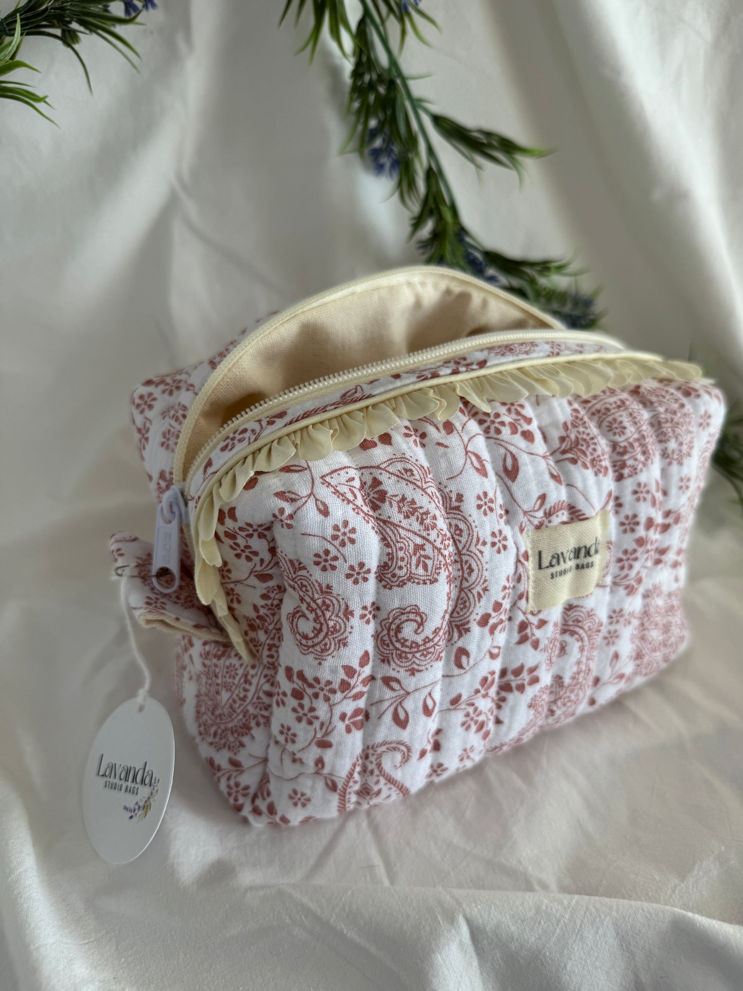 Cosmetic bag cherry blossom ,floral fabric, vanilla line.