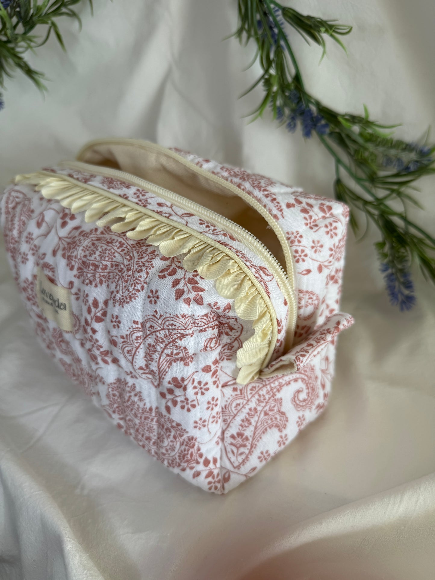 Cosmetic bag cherry blossom ,floral fabric, vanilla line.