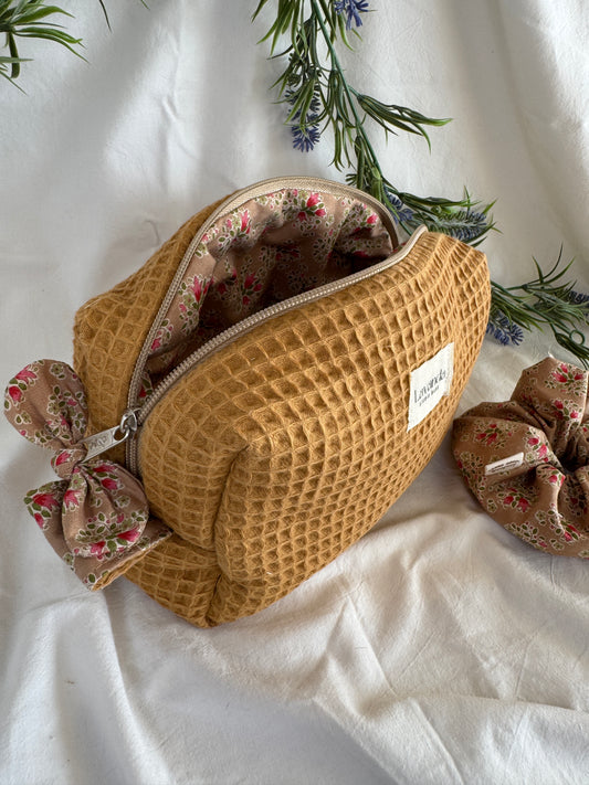 Cosmetic bag cinammon ,cinnamon waffle fabric.